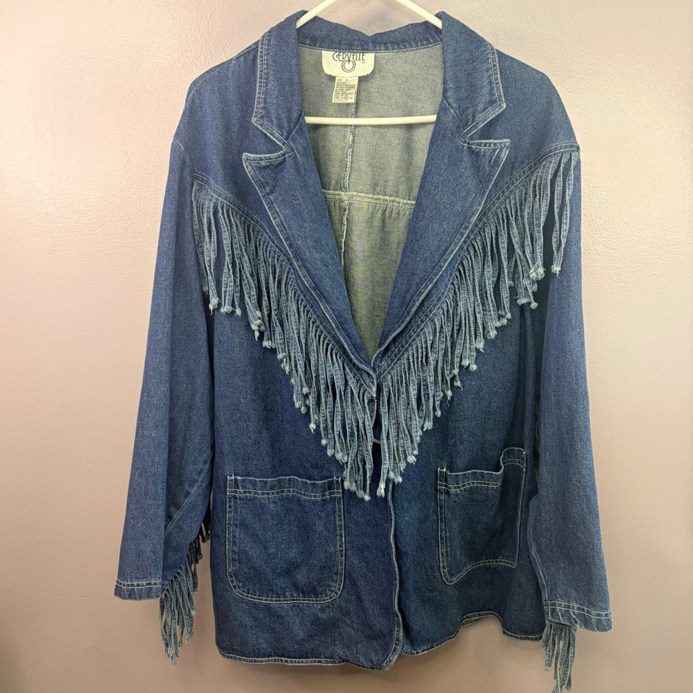 Cervelle Vintage Blue Denim Fringe Western Blazer Jacket Large Medium Wash